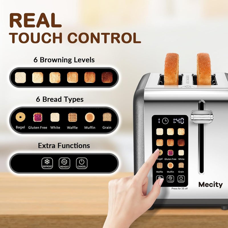 Mecity 2 Slice Touch Screen Toaster, 1.5" Wide Slot, Stainless Steel Smart Toaster for Bagels, Muffins, Waffles, Gluten-Free Breads, Defrost, Reheat, Timer, 120V 825W, Grey Pearl - Image 2